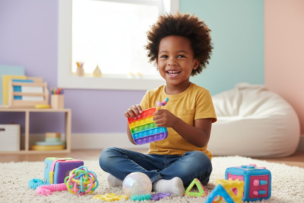 Black American child with fidget toys